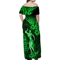 Hawaii Hula Girl Family Matching Off Shoulder Maxi Dress and Hawaiian Shirt Polynesian Pattern Green Version LT01 - Polynesian Pride