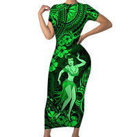 Hawaii Hula Girl Family Matching Short Sleeve Bodycon Dress and Hawaiian Shirt Polynesian Pattern Green Version LT01 Mom's Dress Green - Polynesian Pride
