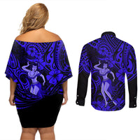 Hawaii Hula Girl Couples Matching Off Shoulder Short Dress and Long Sleeve Button Shirts Polynesian Pattern Navy Blue Version LT01 - Polynesian Pride