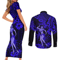 Hawaii Hula Girl Couples Matching Short Sleeve Bodycon Dress and Long Sleeve Button Shirts Polynesian Pattern Navy Blue Version LT01 - Polynesian Pride