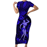 Hawaii Hula Girl Family Matching Short Sleeve Bodycon Dress and Hawaiian Shirt Polynesian Pattern Navy Blue Version LT01 Mom's Dress Blue - Polynesian Pride