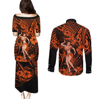 Hawaii Hula Girl Couples Matching Puletasi Dress and Long Sleeve Button Shirts Polynesian Pattern Orange Version LT01 - Polynesian Pride