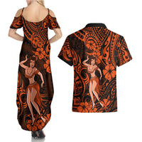 Hawaii Hula Girl Couples Matching Summer Maxi Dress and Hawaiian Shirt Polynesian Pattern Orange Version LT01 - Polynesian Pride