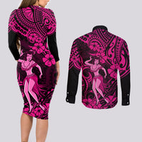 Hawaii Hula Girl Couples Matching Long Sleeve Bodycon Dress and Long Sleeve Button Shirts Polynesian Pattern Pink Version LT01 - Polynesian Pride