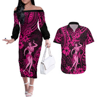Hawaii Hula Girl Couples Matching Off The Shoulder Long Sleeve Dress and Hawaiian Shirt Polynesian Pattern Pink Version LT01 Pink - Polynesian Pride