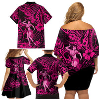 Hawaii Hula Girl Family Matching Off Shoulder Short Dress and Hawaiian Shirt Polynesian Pattern Pink Version LT01 - Polynesian Pride