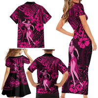 Hawaii Hula Girl Family Matching Short Sleeve Bodycon Dress and Hawaiian Shirt Polynesian Pattern Pink Version LT01 - Polynesian Pride