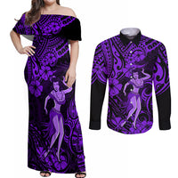 Hawaii Hula Girl Couples Matching Off Shoulder Maxi Dress and Long Sleeve Button Shirts Hibiscus Hawaii Tribal Tattoo Purple Version LT01 Purple - Polynesian Pride