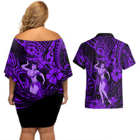 Hawaii Hula Girl Couples Matching Off Shoulder Short Dress and Hawaiian Shirt Hibiscus Hawaii Tribal Tattoo Purple Version LT01 - Polynesian Pride