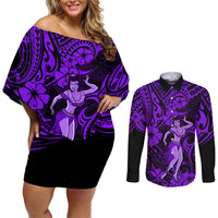 Hawaii Hula Girl Couples Matching Off Shoulder Short Dress and Long Sleeve Button Shirts Hibiscus Hawaii Tribal Tattoo Purple Version LT01 Purple - Polynesian Pride