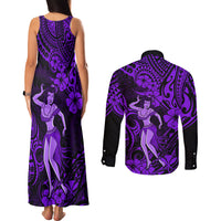 Hawaii Hula Girl Couples Matching Tank Maxi Dress and Long Sleeve Button Shirts Hibiscus Hawaii Tribal Tattoo Purple Version LT01 - Polynesian Pride