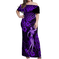 Hawaii Hula Girl Off Shoulder Maxi Dress Hibiscus Hawaii Tribal Tattoo Purple Version LT01 Women Purple - Polynesian Pride