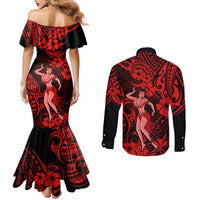 Hawaii Hula Girl Couples Matching Mermaid Dress and Long Sleeve Button Shirts Hibiscus Hawaii Tribal Tattoo Red Version LT01 - Polynesian Pride