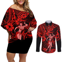 Hawaii Hula Girl Couples Matching Off Shoulder Short Dress and Long Sleeve Button Shirts Hibiscus Hawaii Tribal Tattoo Red Version LT01 Red - Polynesian Pride