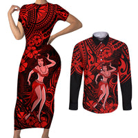 Hawaii Hula Girl Couples Matching Short Sleeve Bodycon Dress and Long Sleeve Button Shirts Hibiscus Hawaii Tribal Tattoo Red Version LT01 Red - Polynesian Pride