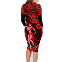 Hawaii Hula Girl Family Matching Long Sleeve Bodycon Dress and Hawaiian Shirt Hibiscus Hawaii Tribal Tattoo Red Version LT01 - Polynesian Pride