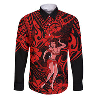 Hawaii Hula Girl Family Matching Mermaid Dress and Hawaiian Shirt Hibiscus Hawaii Tribal Tattoo Red Version LT01 Dad's Shirt - Long Sleeve Red - Polynesian Pride