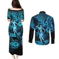 Hawaii Hula Girl Couples Matching Puletasi Dress and Long Sleeve Button Shirts Hibiscus Hawaii Tribal Tattoo Sky Blue Version LT01 - Polynesian Pride