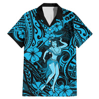 Hawaii Hula Girl Family Matching Mermaid Dress and Hawaiian Shirt Hibiscus Hawaii Tribal Tattoo Sky Blue Version LT01 Dad's Shirt - Short Sleeve Blue - Polynesian Pride