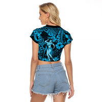 Hawaii Hula Girl Raglan Cropped T Shirt Hibiscus Hawaii Tribal Tattoo Sky Blue Version LT01 - Polynesian Pride