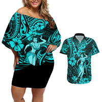Hawaii Hula Girl Couples Matching Off Shoulder Short Dress and Hawaiian Shirt Hibiscus Hawaii Tribal Tattoo Turquoise Version LT01 Turquoise - Polynesian Pride