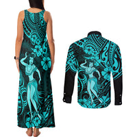 Hawaii Hula Girl Couples Matching Tank Maxi Dress and Long Sleeve Button Shirts Hibiscus Hawaii Tribal Tattoo Turquoise Version LT01 - Polynesian Pride