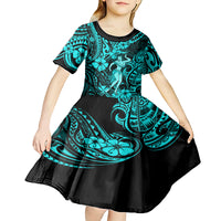 Hawaii Hula Girl Kid Short Sleeve Dress Hibiscus Hawaii Tribal Tattoo Turquoise Version LT01 - Polynesian Pride