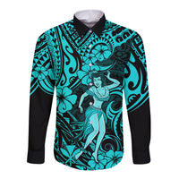 Hawaii Hula Girl Long Sleeve Button Shirt Hibiscus Hawaii Tribal Tattoo Turquoise Version LT01 Unisex Turquoise - Polynesian Pride