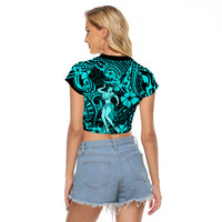 Hawaii Hula Girl Raglan Cropped T Shirt Hibiscus Hawaii Tribal Tattoo Turquoise Version LT01 - Polynesian Pride