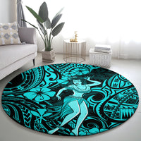 Hawaii Hula Girl Round Carpet Hibiscus Hawaii Tribal Tattoo Turquoise Version LT01 - Polynesian Pride