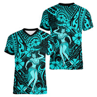 Hawaii Hula Girl Women V Neck T Shirt Hibiscus Hawaii Tribal Tattoo Turquoise Version LT01 - Polynesian Pride