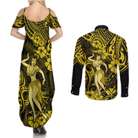 Hawaii Hula Girl Couples Matching Summer Maxi Dress and Long Sleeve Button Shirts Hibiscus Hawaii Tribal Tattoo Yellow Version LT01 - Polynesian Pride