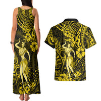 Hawaii Hula Girl Couples Matching Tank Maxi Dress and Hawaiian Shirt Hibiscus Hawaii Tribal Tattoo Yellow Version LT01 - Polynesian Pride