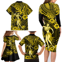 Hawaii Hula Girl Family Matching Long Sleeve Bodycon Dress and Hawaiian Shirt Hibiscus Hawaii Tribal Tattoo Yellow Version LT01 - Polynesian Pride