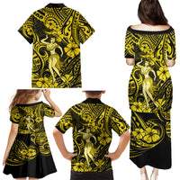 Hawaii Hula Girl Family Matching Puletasi Dress and Hawaiian Shirt Hibiscus Hawaii Tribal Tattoo Yellow Version LT01 - Polynesian Pride