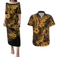 Hawaii Pineapple Couples Matching Puletasi Dress and Hawaiian Shirt Paradise Flowers Pacific With Gold Polynesian Tribal LT01 Gold - Polynesian Pride