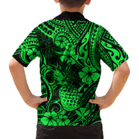 Hawaii Pineapple Family Matching Off Shoulder Long Sleeve Dress and Hawaiian Shirt Paradise Flowers Pacific With Green Polynesian Tribal LT01 - Polynesian Pride