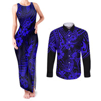 Hawaii Pineapple Couples Matching Tank Maxi Dress and Long Sleeve Button Shirts Paradise Flowers Pacific With Navy Blue Polynesian Tribal LT01 Blue - Polynesian Pride