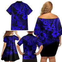 Hawaii Pineapple Family Matching Off Shoulder Short Dress and Hawaiian Shirt Paradise Flowers Pacific With Navy Blue Polynesian Tribal LT01 - Polynesian Pride