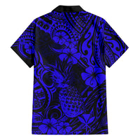Hawaii Pineapple Family Matching Off Shoulder Short Dress and Hawaiian Shirt Paradise Flowers Pacific With Navy Blue Polynesian Tribal LT01 - Polynesian Pride