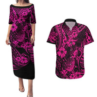 Hawaii Pineapple Couples Matching Puletasi Dress and Hawaiian Shirt Paradise Flowers Pacific With Pink Polynesian Tribal LT01 Pink - Polynesian Pride