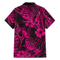 Hawaii Pineapple Family Matching Off Shoulder Long Sleeve Dress and Hawaiian Shirt Paradise Flowers Pacific With Pink Polynesian Tribal LT01 - Polynesian Pride