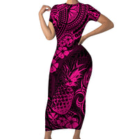 Hawaii Pineapple Short Sleeve Bodycon Dress Paradise Flowers Pacific With Pink Polynesian Tribal LT01 Long Dress Pink - Polynesian Pride