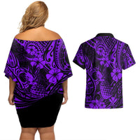 Hawaii Pineapple Couples Matching Off Shoulder Short Dress and Hawaiian Shirt Polynesian Pattern Purple Version LT01 - Polynesian Pride