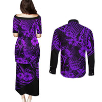 Hawaii Pineapple Couples Matching Puletasi Dress and Long Sleeve Button Shirts Polynesian Pattern Purple Version LT01 - Polynesian Pride