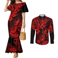 Hawaii Pineapple Couples Matching Mermaid Dress and Long Sleeve Button Shirts Polynesian Pattern Red Version LT01 Red - Polynesian Pride