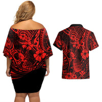 Hawaii Pineapple Couples Matching Off Shoulder Short Dress and Hawaiian Shirt Polynesian Pattern Red Version LT01 - Polynesian Pride