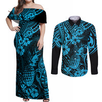 Hawaii Pineapple Couples Matching Off Shoulder Maxi Dress and Long Sleeve Button Shirts Polynesian Pattern Sky Blue Version LT01 Blue - Polynesian Pride