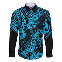 Hawaii Pineapple Family Matching Off Shoulder Short Dress and Hawaiian Shirt Polynesian Pattern Sky Blue Version LT01 Dad's Shirt - Long Sleeve Blue - Polynesian Pride
