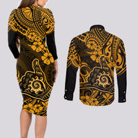 Hawaii Shaka Sign Couples Matching Long Sleeve Bodycon Dress and Long Sleeve Button Shirts With Polynesian Hibiscus Gold Unique LT01 - Polynesian Pride